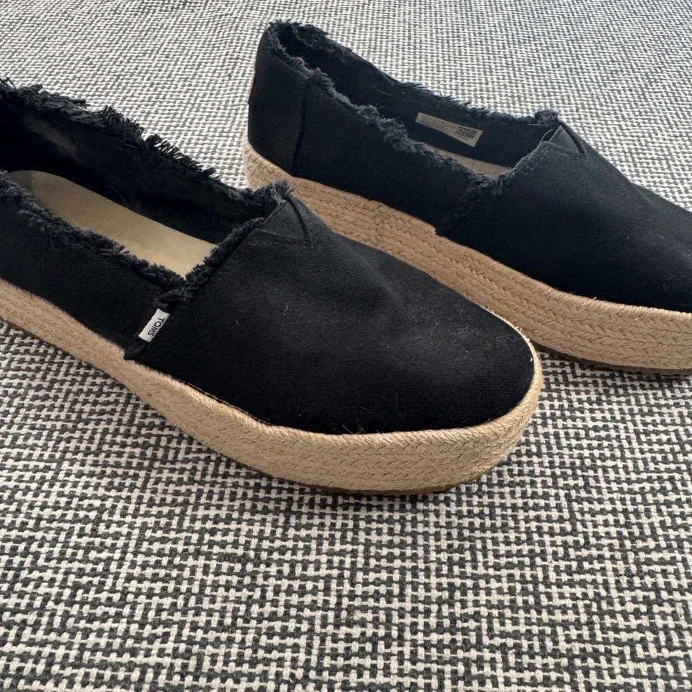 TOMS Alpargata Black Frayed Canvas Platform Espadrille Slip On Shoes Womens 9.5